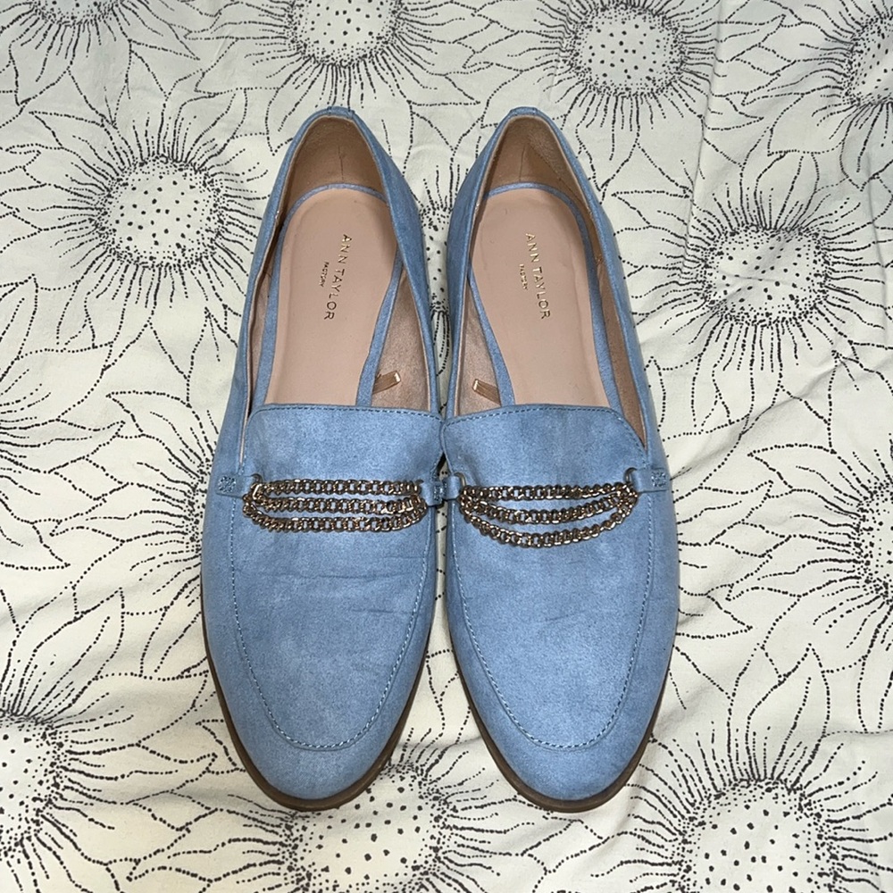 Ann Taylor Factory Baby Blue Suede Loafers with gold chains
